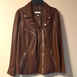 Calvin Klein Brown Leather Moto Jacket with Asymmetrical Zipper